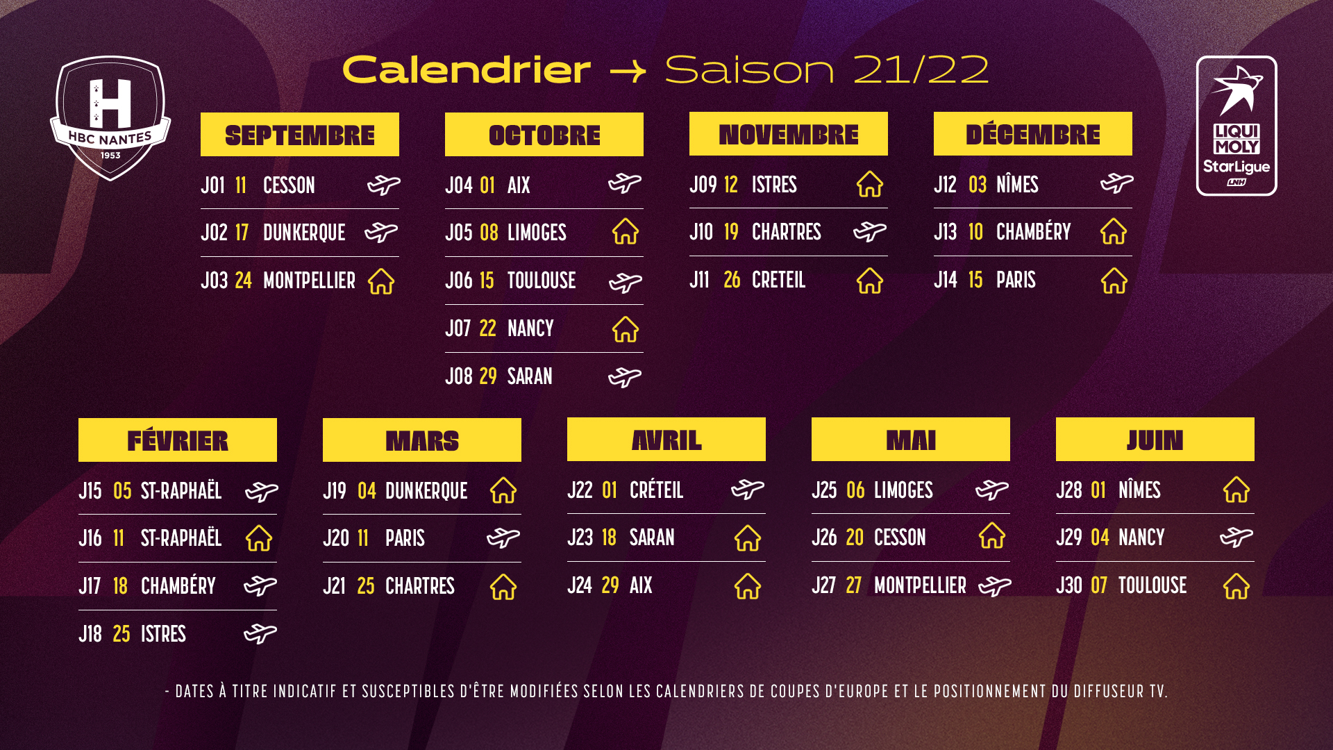 Le calendrier du championnat 21-22 est connu !