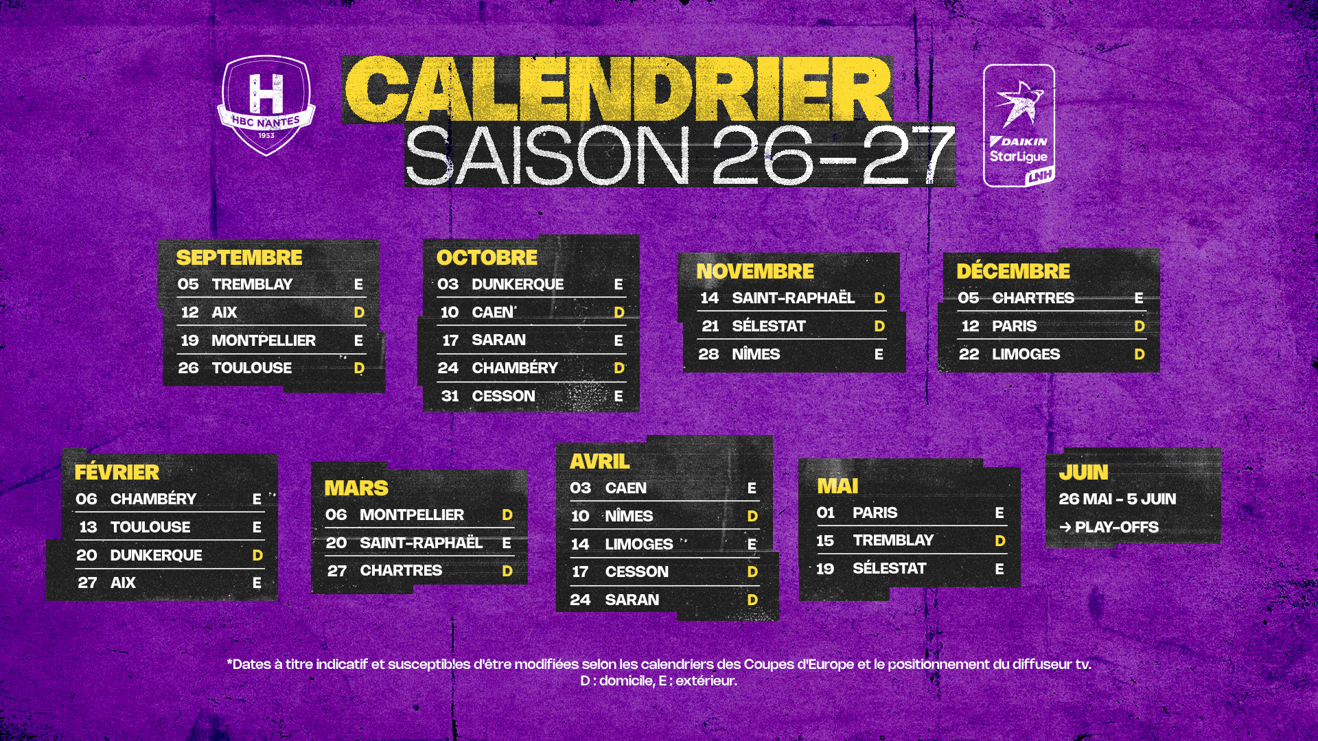 Le calendrier de la Daikin StarLigue 26-27 est connu !